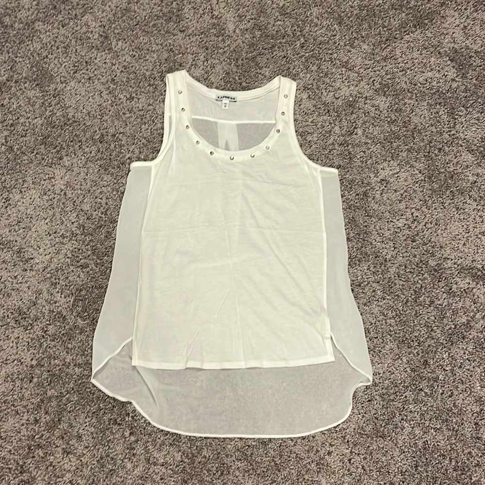 Express, white tank top, stud details, sheer back, longer in back than front.